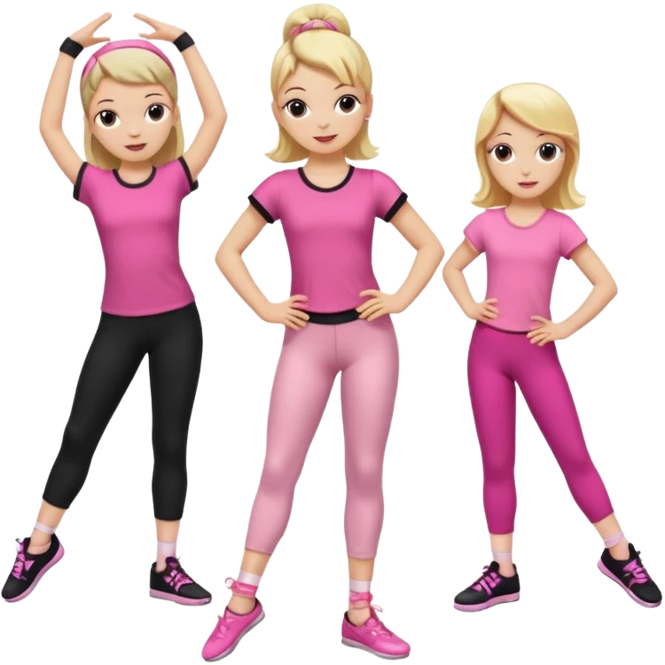 Hiphop dancer, with cute big pants, sneakers, and t-shirt. White girl blond. Coloufull shirt. No pocket pants. Dancing. Pink and black plain outfit. No sweatbands on the wrist, black music box behind her. Ballerina pose. with dancing kids behind her emoji