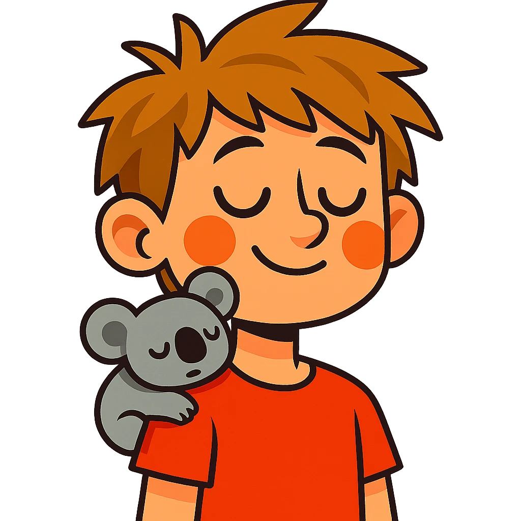 light brown messy haired boy with a very small sleepy koala on his shoulder, vibrant toon style emoji