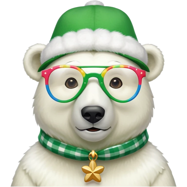 head and shoulders of a friendly anthropomorphised polar bear wearing oversized colorful star glasses, green hat, shamrock accessories, festive shirt emoji