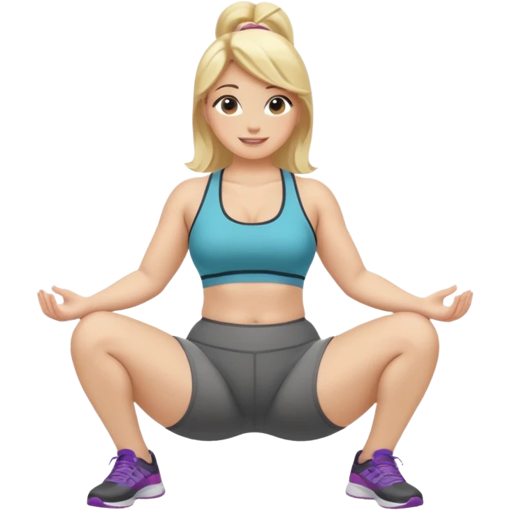 fullbody curvy blonde fitness trainer, back view, sitting on her feet, SFW, athletic, smiling, no explicit content emoji