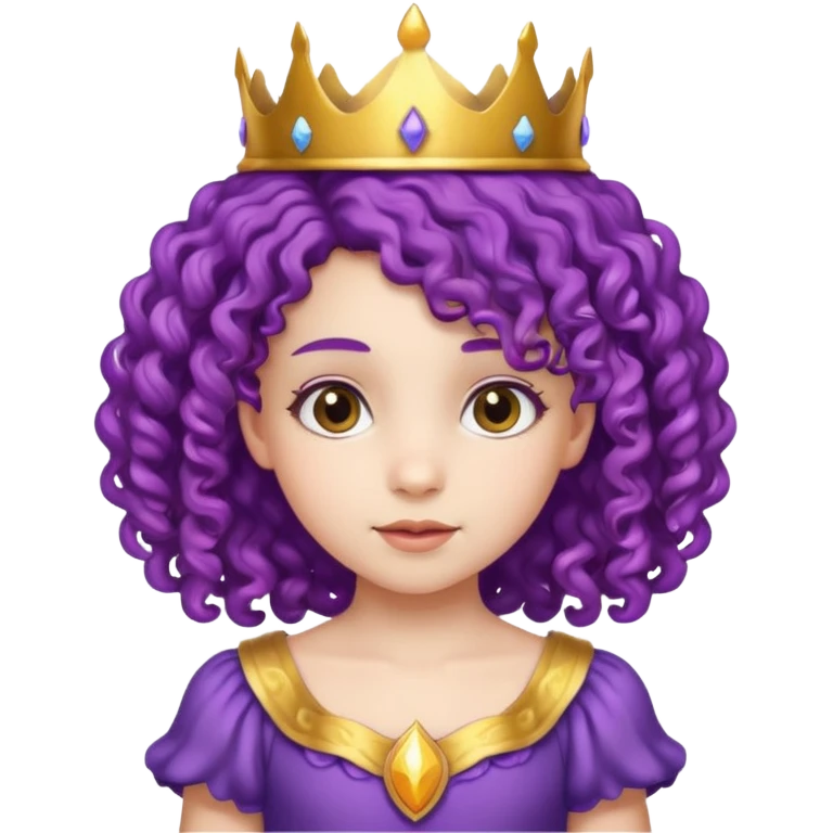 Princesses kid girl, with Gold Crown on purple curly hair, with white dress emoji