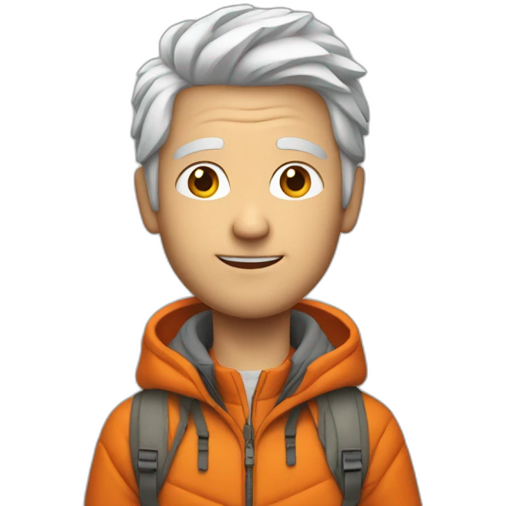 young gray-haired white man with an orange down jacket emoji