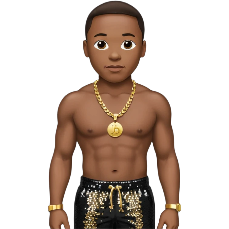 Dr Dre with dark brown hair, black sequin baggy pants, shirtless with necklace emoji