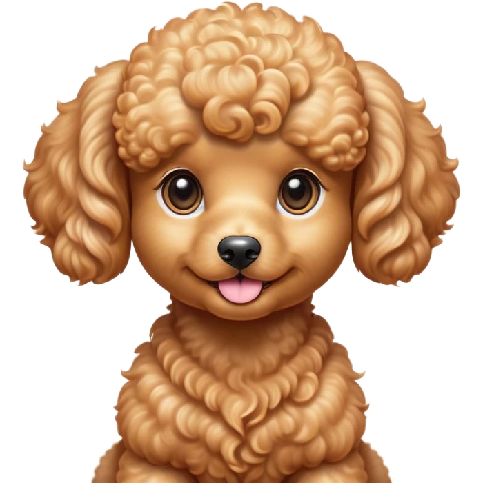 Cinematic Cute Apricot Poodle Portrait Emoji, Head tilted playfully and inquisitively, showcasing a bouncy, curly apricot Fur with a luminous sheen, round, sparkling warm eyes filled with curiosity, Simplified yet irresistibly adorable features, highly detailed, glowing with a warm, friendly glow, high shine, affectionate and lively, stylized with a touch of whimsy, bright and endearing, soft glowing outline, capturing the essence of a mischievous yet loving companion, so playful it feels like it could bounce out of the screen and into your arms! emoji