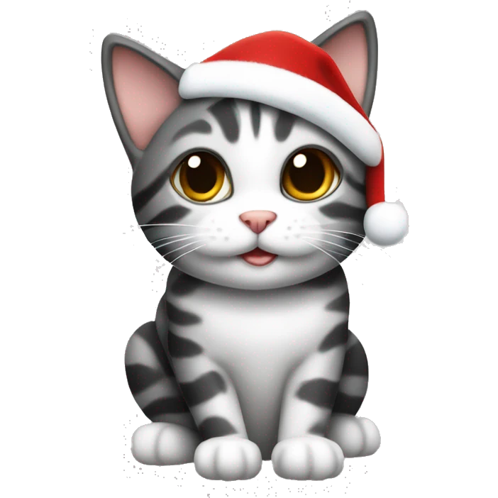 Black, grey, and white tabby cat wearing a Santa hat emoji
