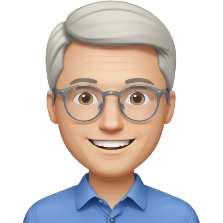 30 yr old pale white man, white/grey side swept stylish hair, round glasses, big smile, white teeth, handsome, longer hair, thin glasses, blue dress shirt emoji