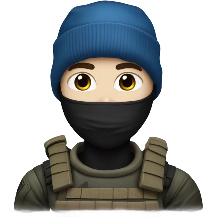 male, pale skin, face mask, camo tactical gear, combat boots, black beanie, blue eyes emoji