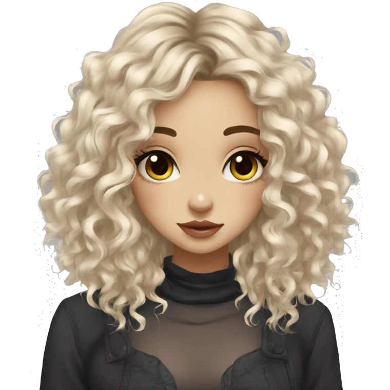 girl pretty, pale medium length curly black hair with hair layers, bangs, big hazel eyes, big lips, small nose, nose nostril piercing, three ear piercings emoji