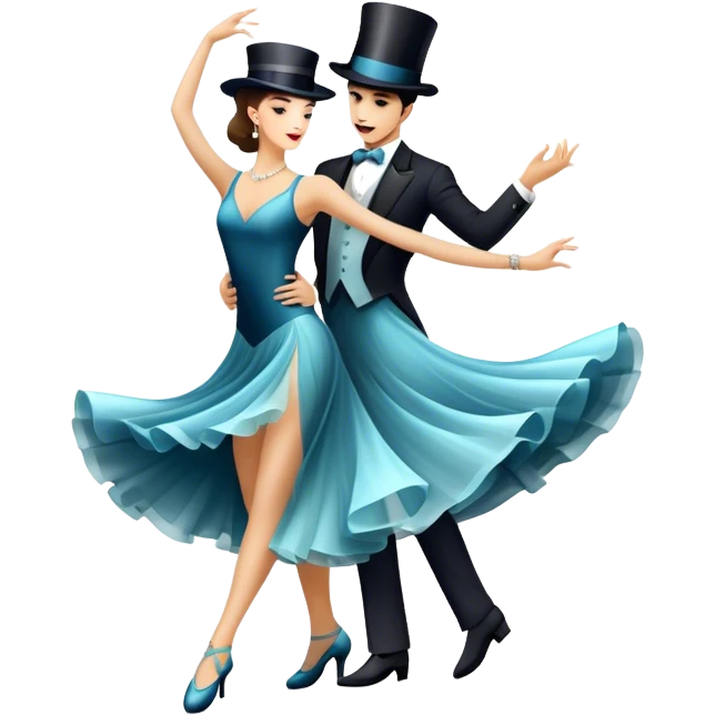Icon for Ballroom Dancing: a pair of elegant dance shoes, a flowing dress, a top hat, and a dance floor spotlight. The icon should represent the elegance and atmosphere of ballroom dance, focusing on the iconic dance elements. Transparent background. emoji