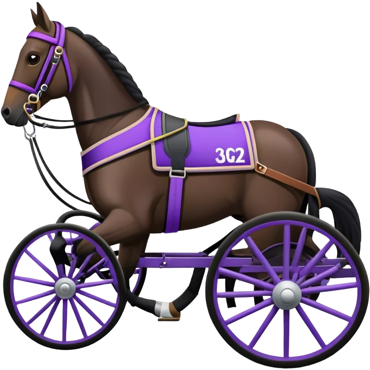 An emoji of a harness racing horse. The sulky, should be black and attached to the horse’s harness. The driver should be purple, seated in the sulky. emoji