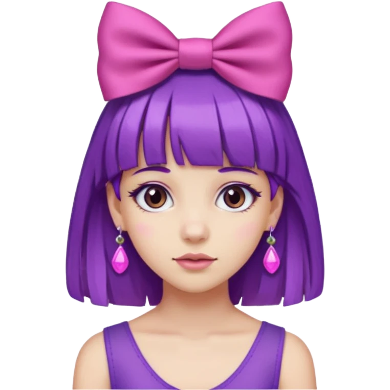 girl with bangs and purple hair and pink hairbow on the side of head and earrings emoji