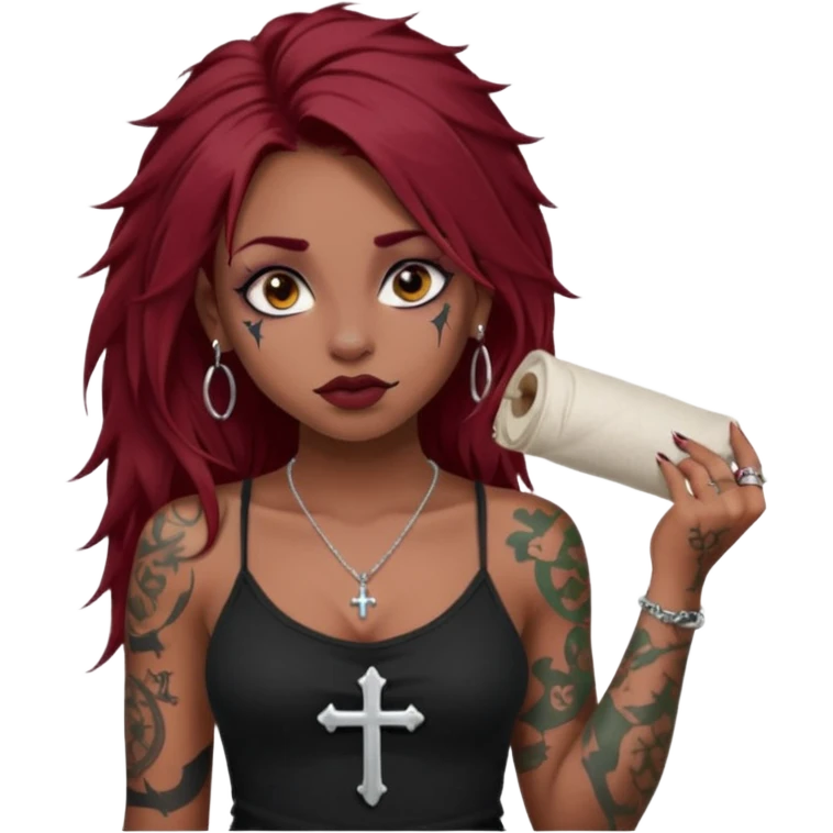 generate an ios genmoji of a dusky girl with long dark red messy hair with eyeliner on her eyes.  septum piercing, wearing a cami black top, has tattoos, on shoulders. ear piercings. wearing a cross silver necklace. carrying a big roll of fabric  emoji
