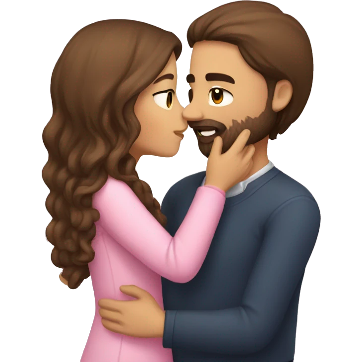 Guy with brown hair and a beard kissing a girl with long brown hair with pink flowers emoji
