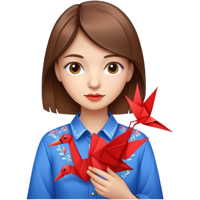 Ukrainian young girl with brown hair wearing an embroidered shirt holds an origami red crane emoji