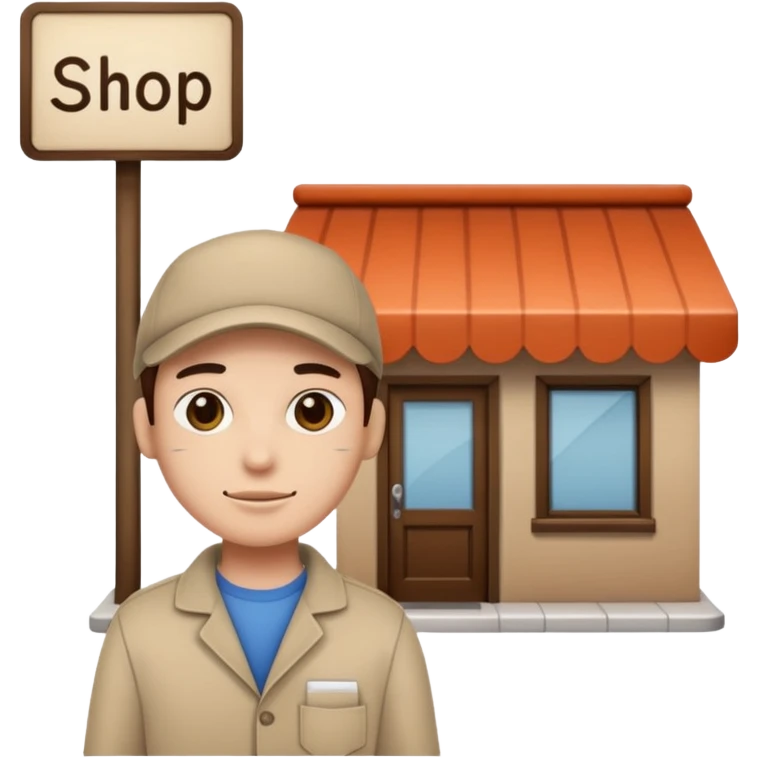 a single 2D line-drawn character + small detailed shop emoji