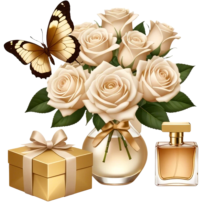 A bouquet of white Ascott tea roses next to a beige aesthetic and a brown beautiful butterfly and a gold silk ribbon and a beautiful flacon of aesthetically pleasing vintage-style perfume in pearl color emoji