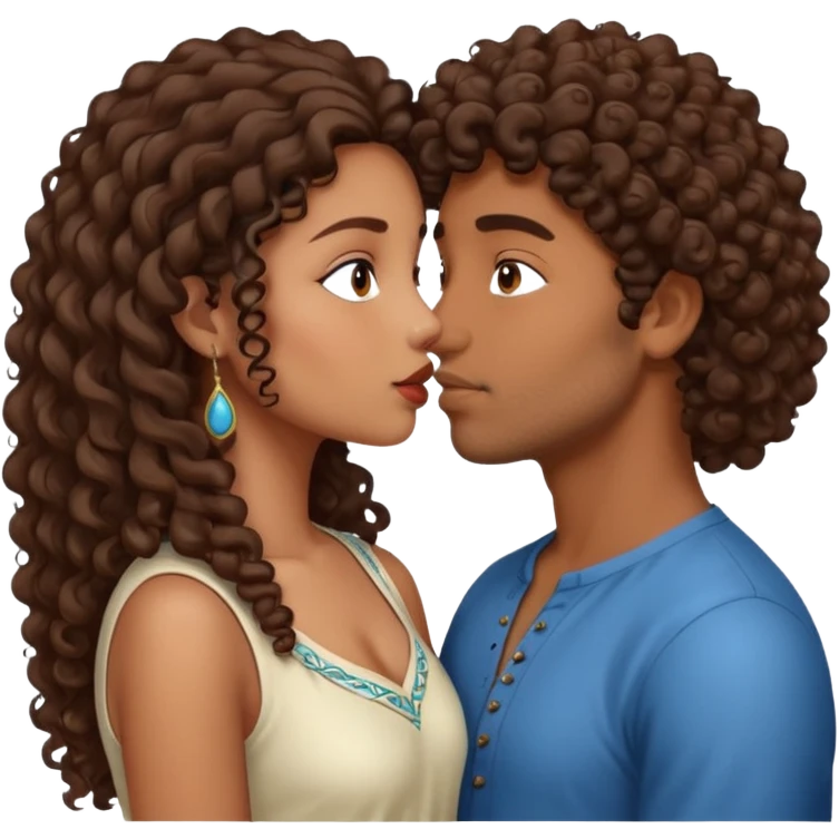 Indian girl with curly hair kissing Indian man with straight hair, they are both brown skin emoji