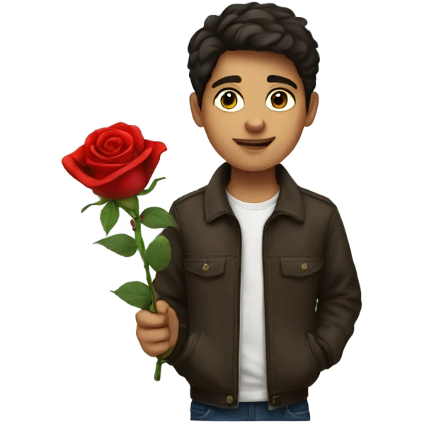 Brunette boy with a red rose emoji