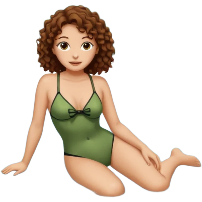 Sexy brown eyes, brown curly hair, white ethnicity half syren resting at shore of a lake in the forest emoji