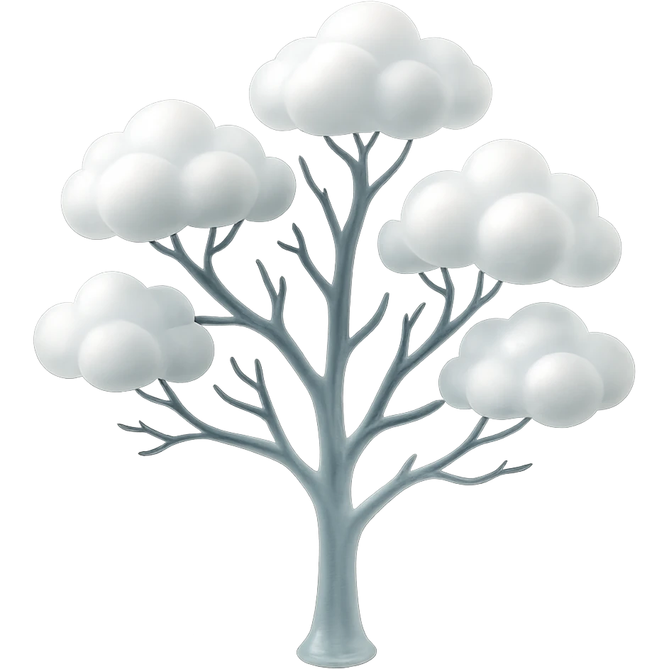 one tree with many branches and a white trunk, crown made of small very bright white fluffy convex clouds, matte glass style emoji