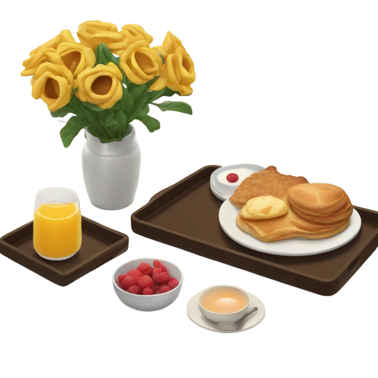Breakfast on bed tray with three flowers in small vase  emoji