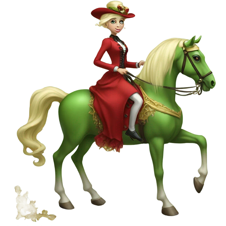 "galora green blonde alien woman" in red Victorian elegant dress, full body, rides "horse gold and white"
 emoji