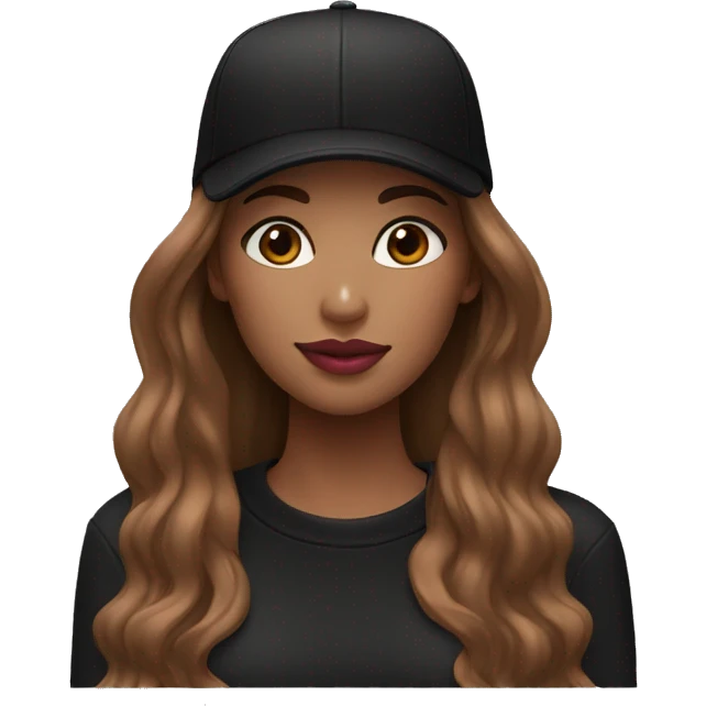 A beautiful woman wearing a black cap and black sweatshirt, big pink lips, brown straight long hair.  emoji