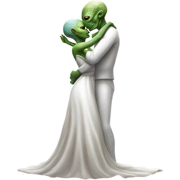 Alien reptilian woman in white dress hugs and kissing "white male human man" emoji