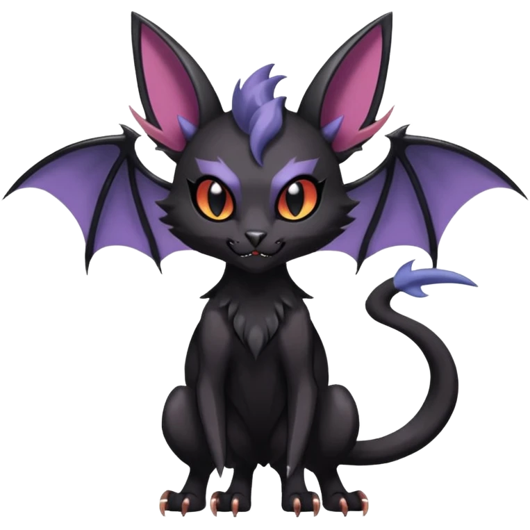 Black dark spooky badass cool shiny glossy smooth soft Black edgy Noivern-Noibat-Purloin-Torracat-Lykoi-Caracal-cat-Fakemon-fusion-hybrid-creature with bat wings on head as ears, big fangs, gothic markings emoji