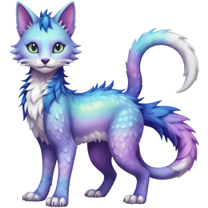Kawaii iridescent beautiful pretty elegant divine edgy fantasy feline-vernid-sergal-fursona animal creature with a tufted tail full body with intricate markings  emoji