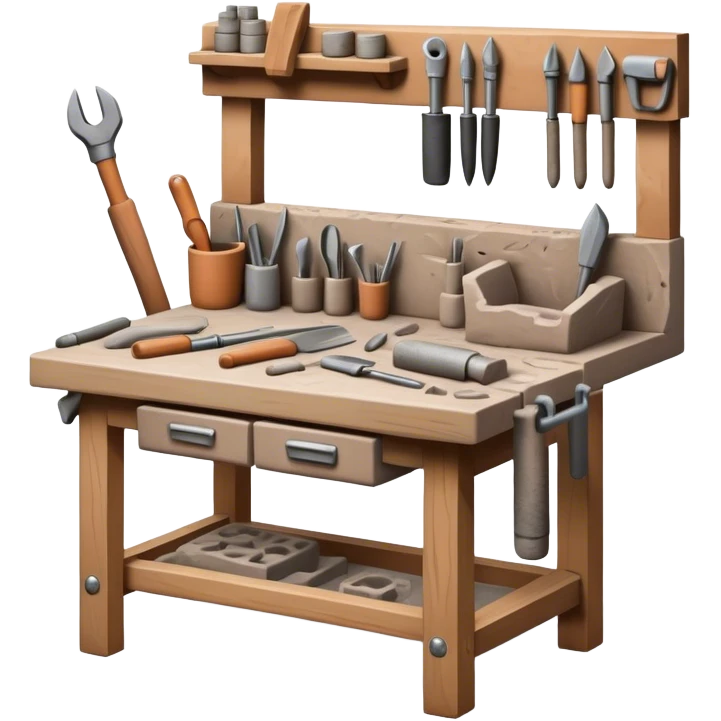 Cinematic Realistic image of a workbench set with a lump of pliable clay and artisanal sculpting tools, rendered with finely detailed textures that reveal subtle clay particles and well-worn tool surfaces, bathed in warm, focused studio lighting emoji