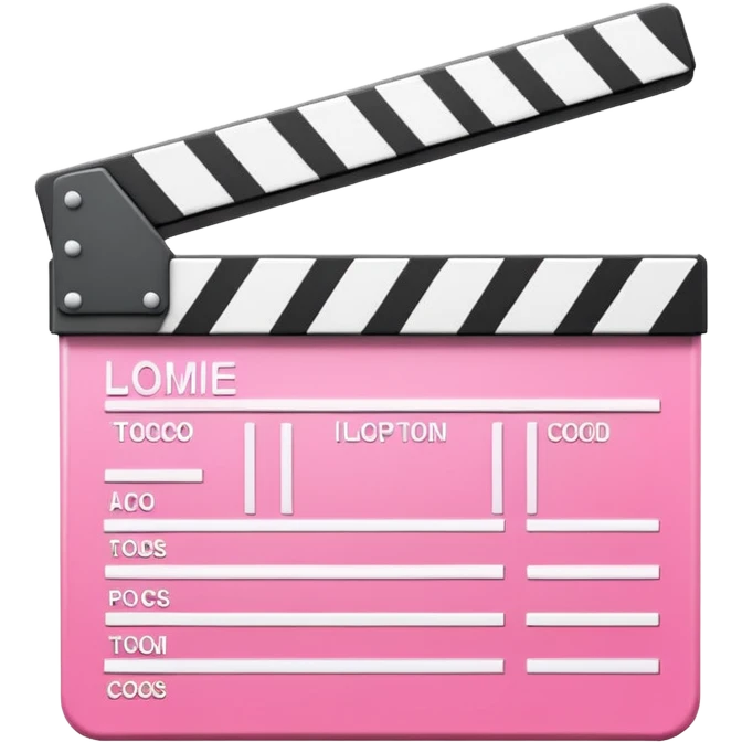  pink  pink clapperboard used in filmmaking, cute and stylish design with white details, open position, soft reflections, realistic or kawaii style, isolated on transparent background emoji