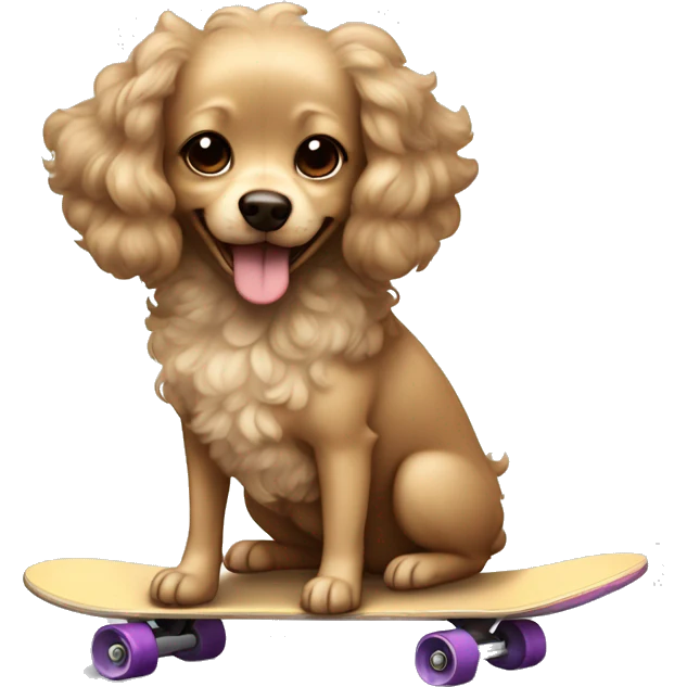 small dog with light tan curly fur, very very long ears down. dark brown eyes, mouth closed. on a skateboard emoji