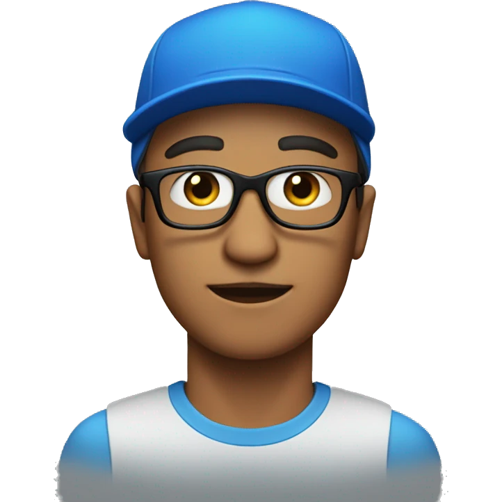 A man wearing a blue cap with 'P' on it and black glasses emoji