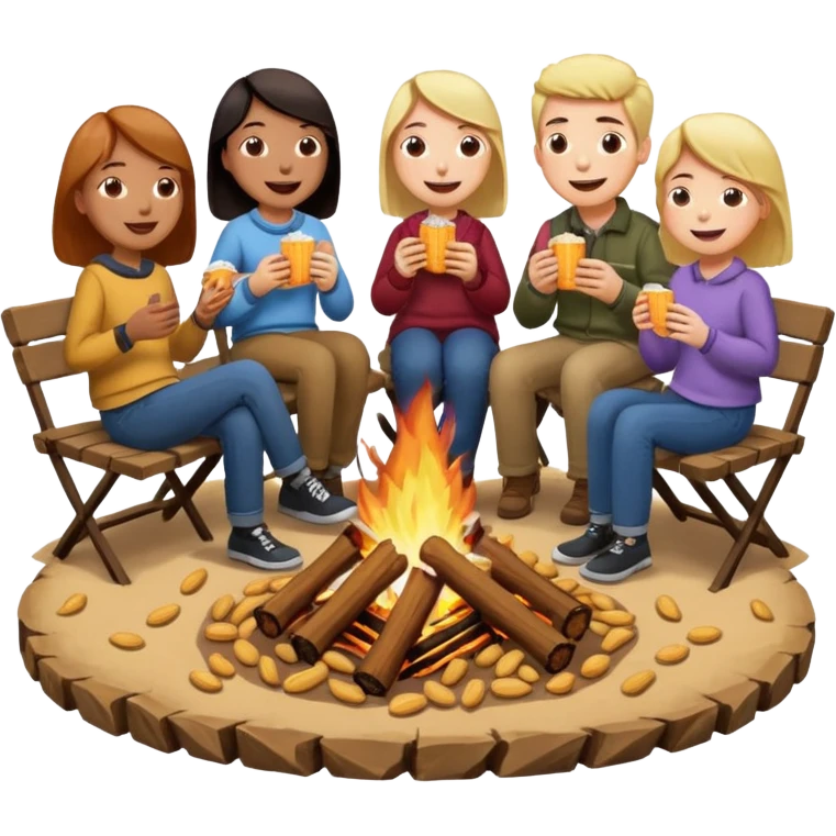 Born fire and people sitting beside born fire on chairs eating peanuts. Born fire is in the centre emoji