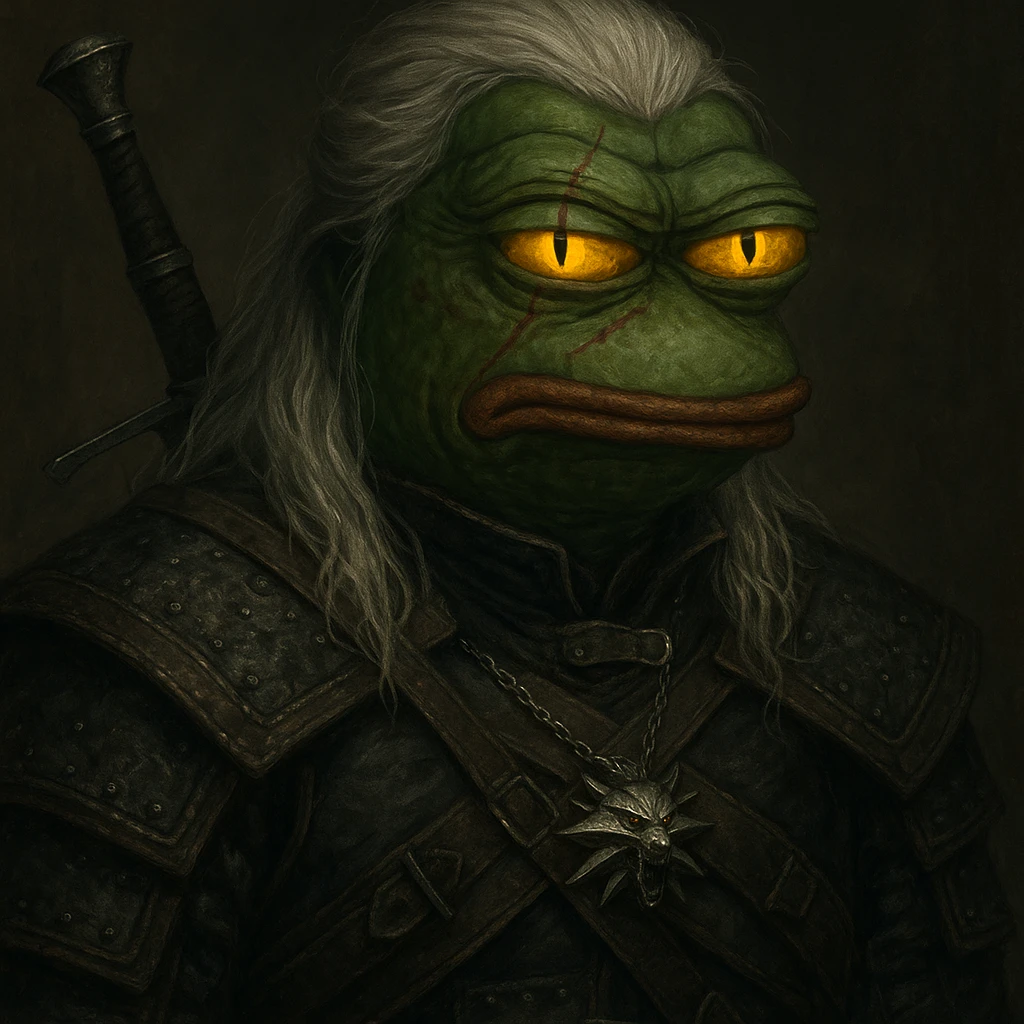 Пэпэ as a Witcher, with glowing yellow eyes and a scarred face emoji