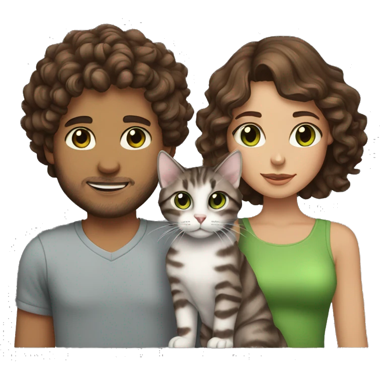 a brunette with curly hair and brown eyes and her boyfriend with fluffy brown hair and brown eyes holding a grey tabby cat with green eyes emoji