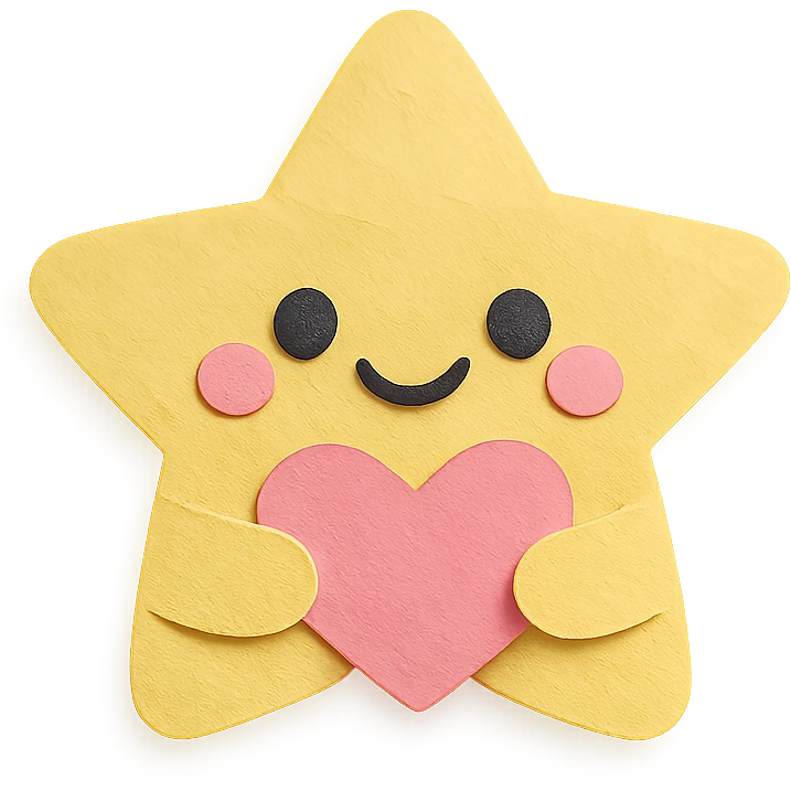 Smiling pastel yellow star clutching a small pastel heart, no arms or legs, full body, transparent background, kawaii paper craft style. emoji