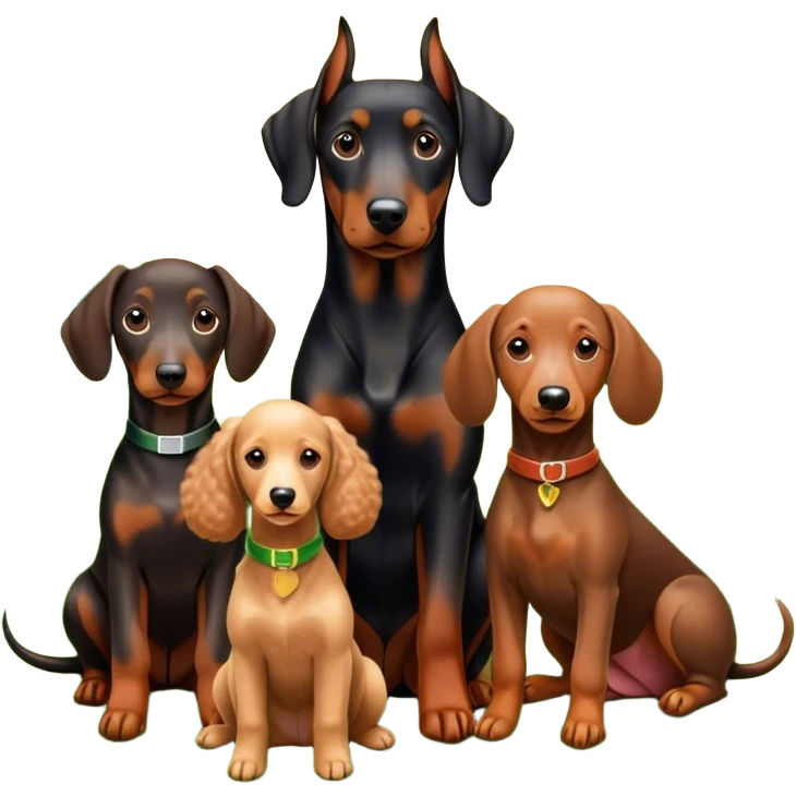 Close-up of a Doberman Pinscher, a Dachshund and a Poodle sitting together on lush green grass. The background features a beautiful, serene nature view with rolling hills and bright blue skies. The dogs' sleek coats shine under the sun. Transparent background. emoji
