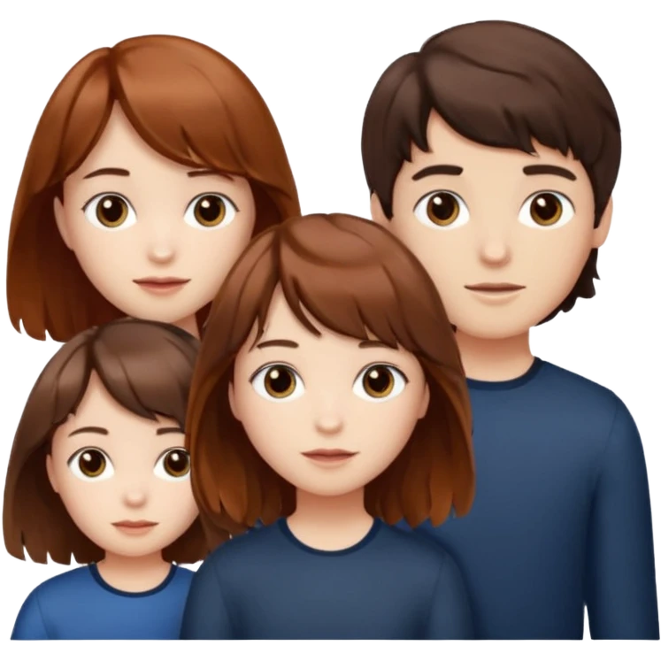 Two girls and a boy. Girl one has long, wavy, light to reddish-brown hair with bangs. Girl two has a dark-colored bob haircut. The boy has wavy, tousled, light to reddish-brown hair with a right side parting. emoji