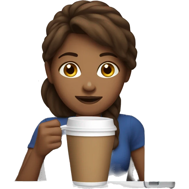 Brown haired girl drinking coffee in front of laptop emoji