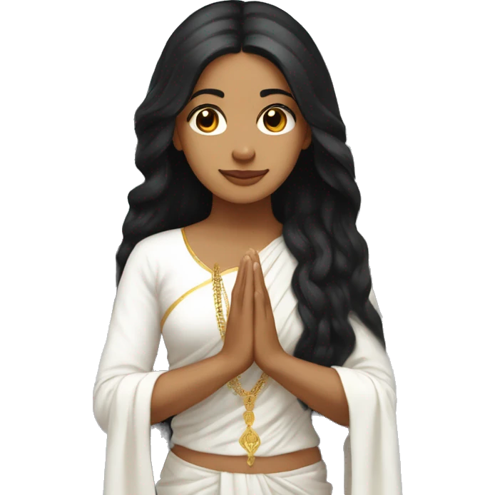 Light skin ;Black long hair wearing white saree praying infront a white temple emoji