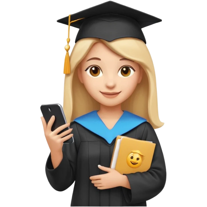 3D emoji style sticker, confident young woman, white background, smiling, standing upright, holding a smartphone and a document, relaxed and proud expression, student success vibe, soft lighting, minimalistic, clean astrology emoji style emoji