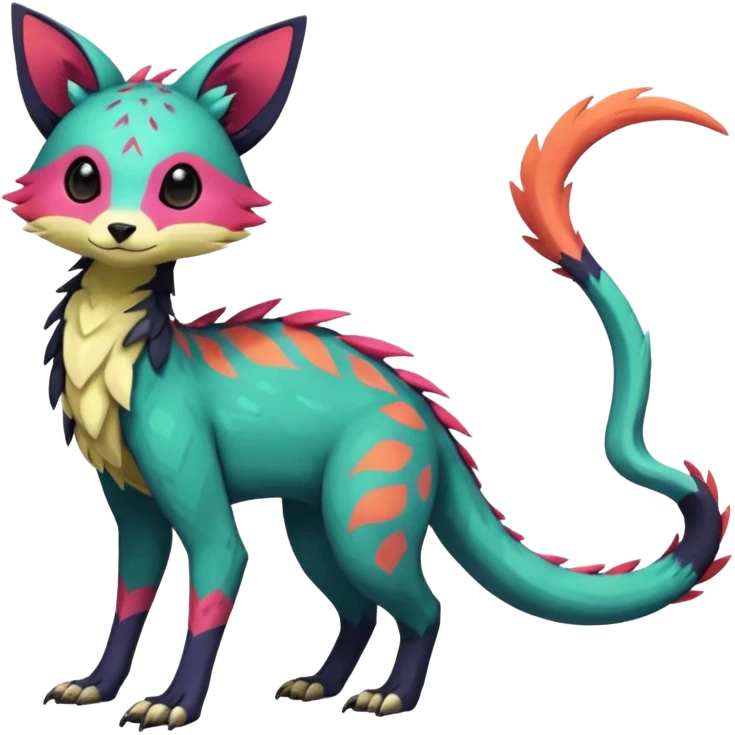 Rare realistic exotic edgy epic pretty beautiful handsome gorgeous aesthetic colorful vibrant Vernid-Trico-species-Fakemon-creature by LiLaiRa, 4 legs, 1 tail, random markings, (full body) emoji