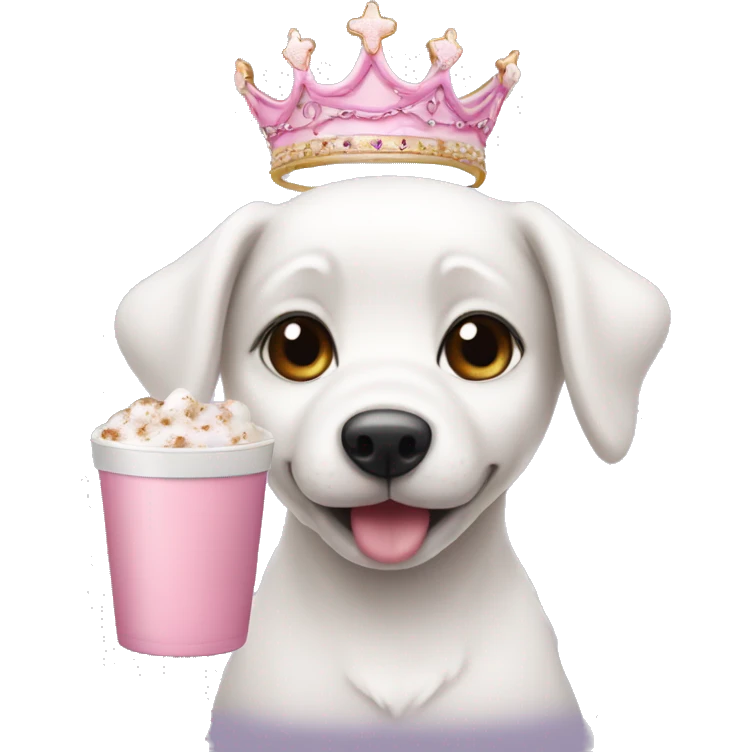 White puppy with a pink tiara and hot cocoa  emoji