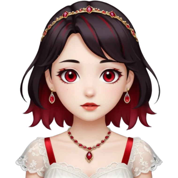 Beautiful shiny Gorgeous Anime Lady with dark hair and red hair streaks with a beautiful white silky lace dress and rubies and onyx gems  emoji