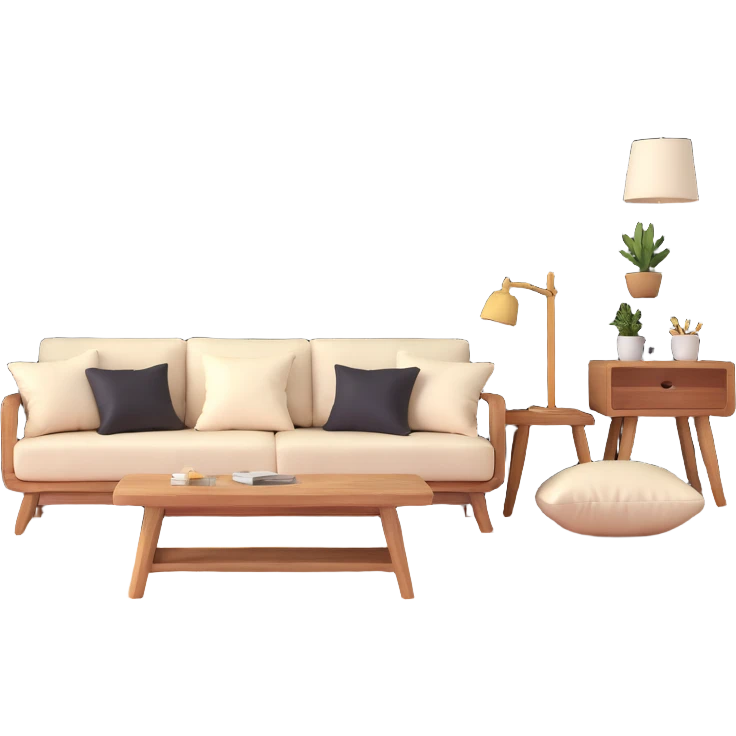 large open concept room with cream walls, wooden floor, cute decorative pillows, wooden furniture emoji
