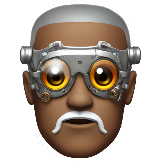 Red skin male cyborg head with white goatee and white steampunk goggles emoji