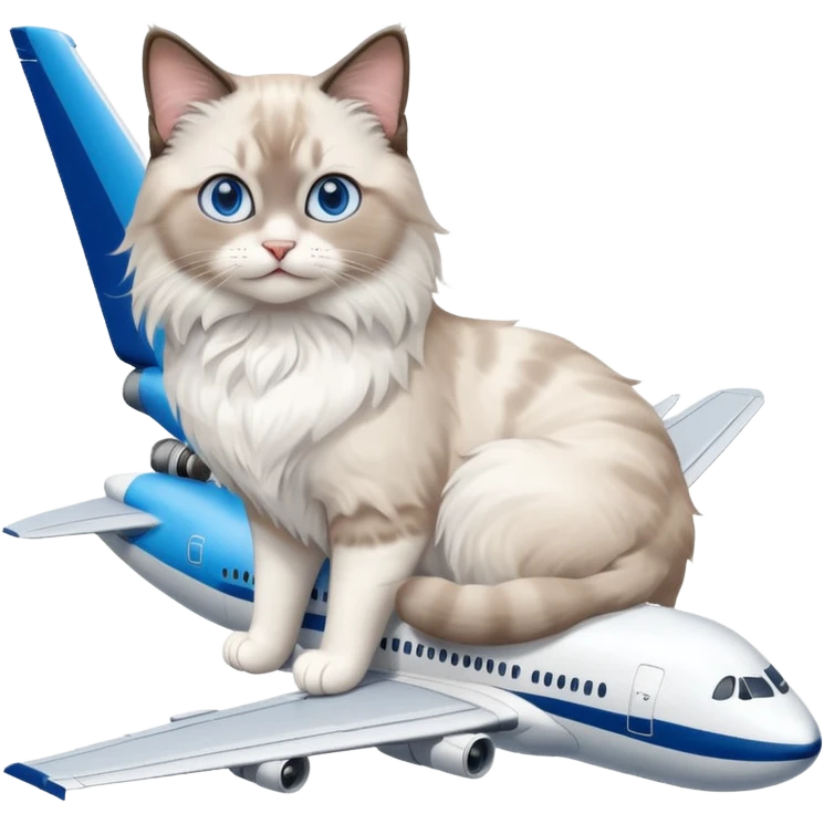 Cute ragdoll cat on an airplane. Should sit on top of the plane, cat is way bigger than airplane. Can you make the plane cooler like airbus a380 and the cat a bit happier? I liked the first and last pic out of these. Cat should be ragdoll with white and grey just like these emoji