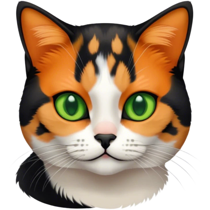 American shorthair calico cat with green eyes and black fur on the right side of their face and orange on the left side sitting down emoji